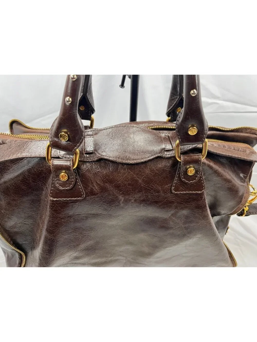 Jenrigo Italian Leather Brown Large Satchel Shoulder Bag Gold Hardware